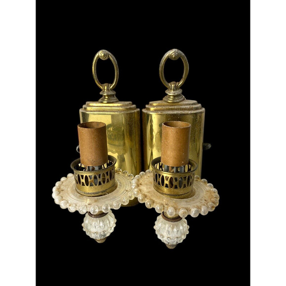 Vintage Light Fixtures Wall Sconces Lamps Set 2 Brass Glass Hollywood Regency - Picture 1 of 16